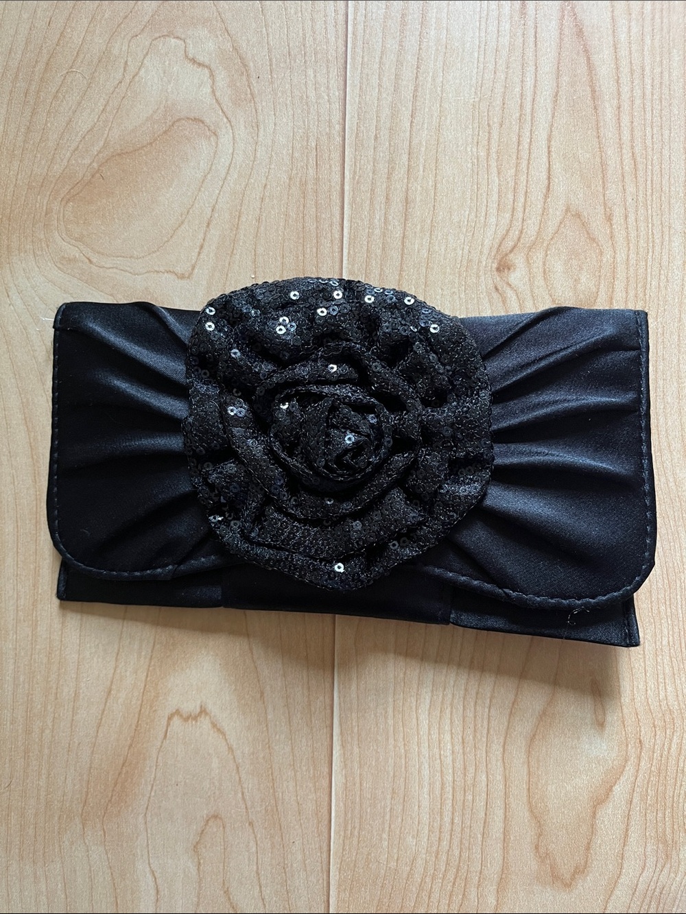 Black Satin Floral Sequin Clutch - Women Bags